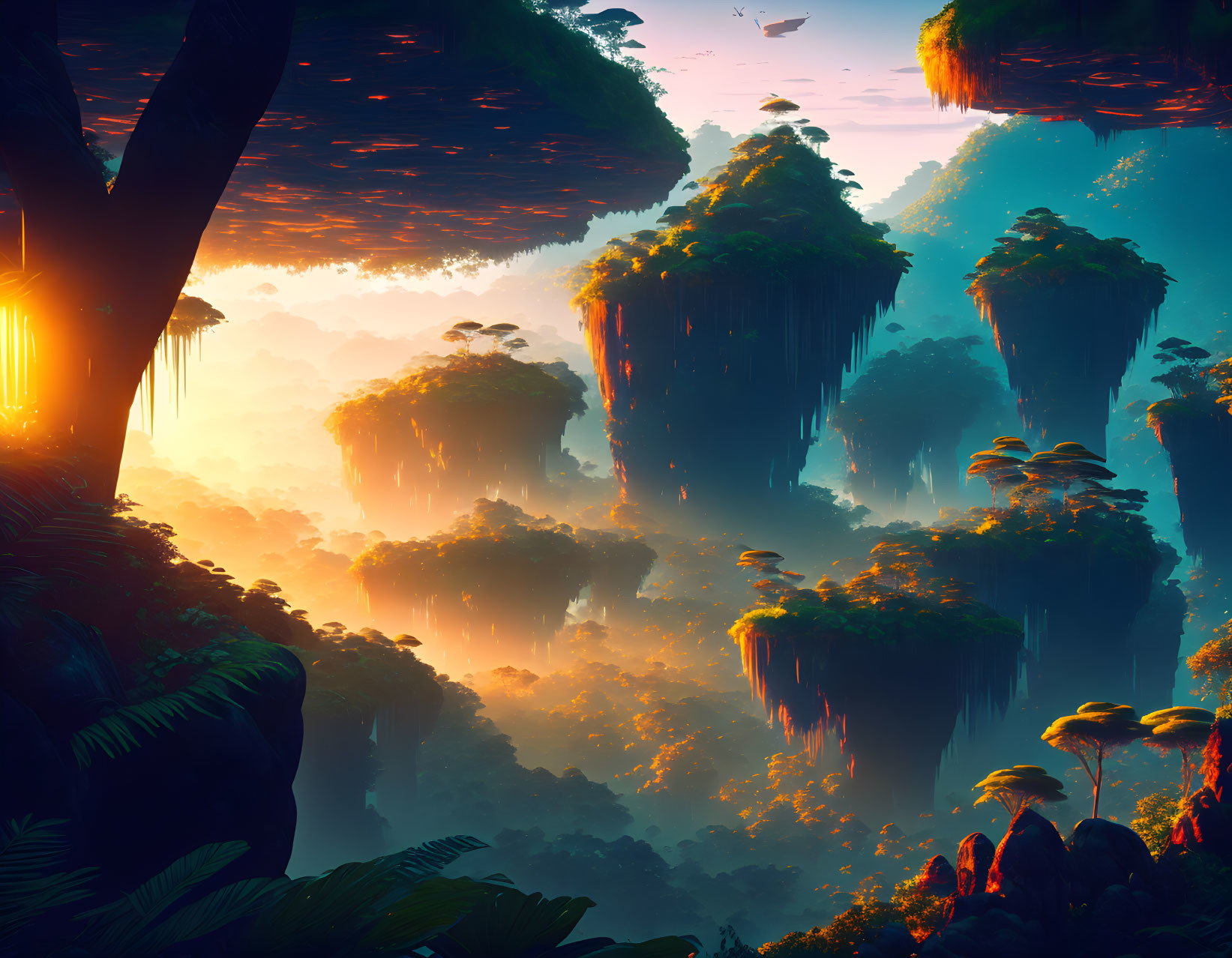 Vibrant surreal landscape: floating islands, waterfalls, lush greenery