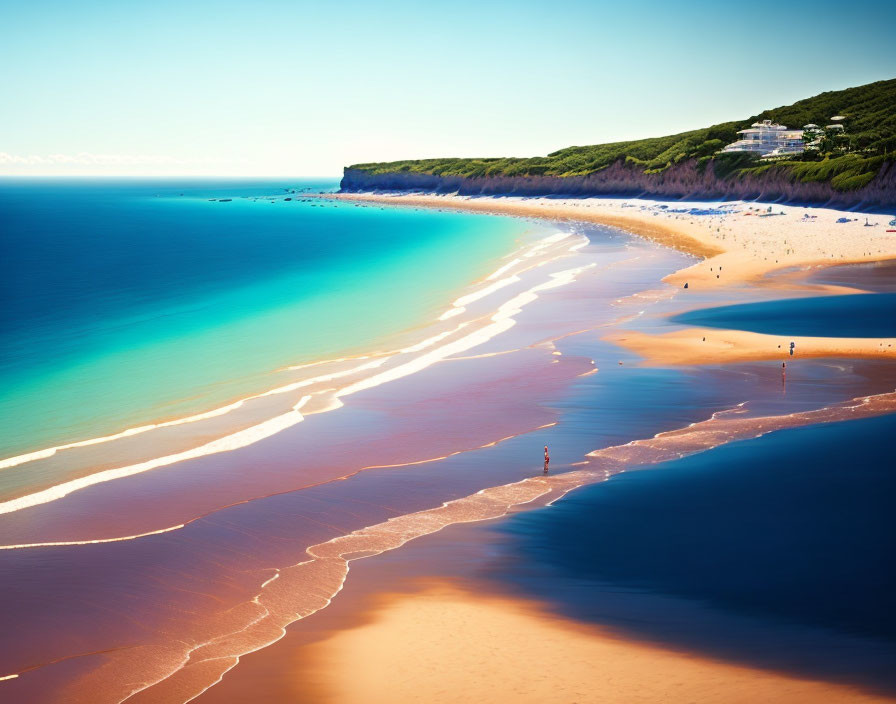 Tranquil beach scene with turquoise waters, golden sands, small crowds, and green cliff.