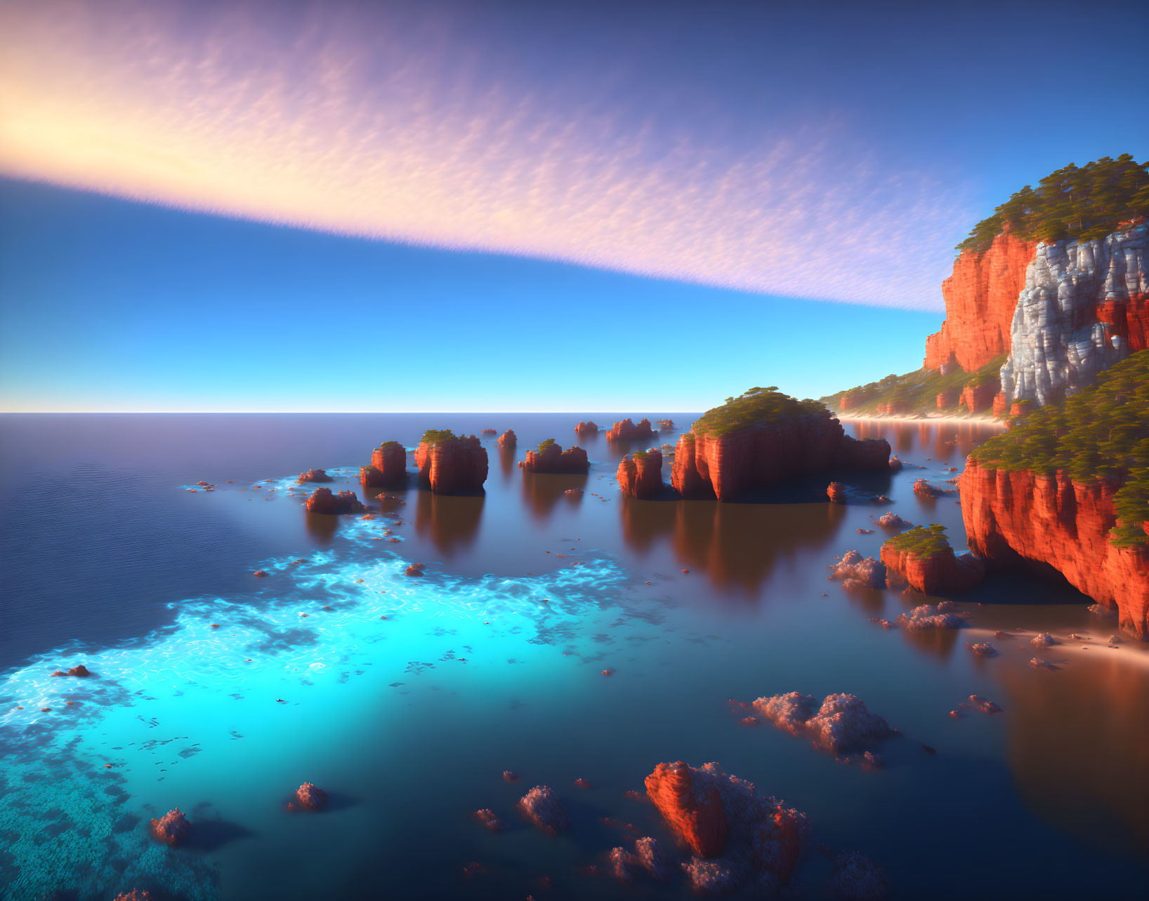 Scenic seascape: red cliffs, islets, turquoise waters, streaked sky