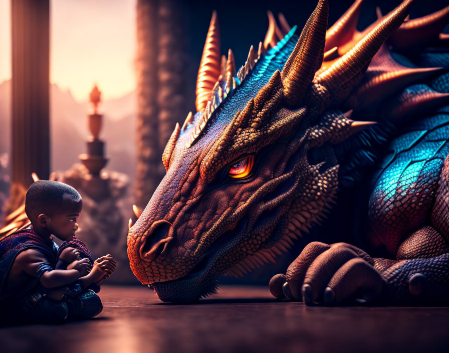 Child sitting next to colorful dragon in serene setting