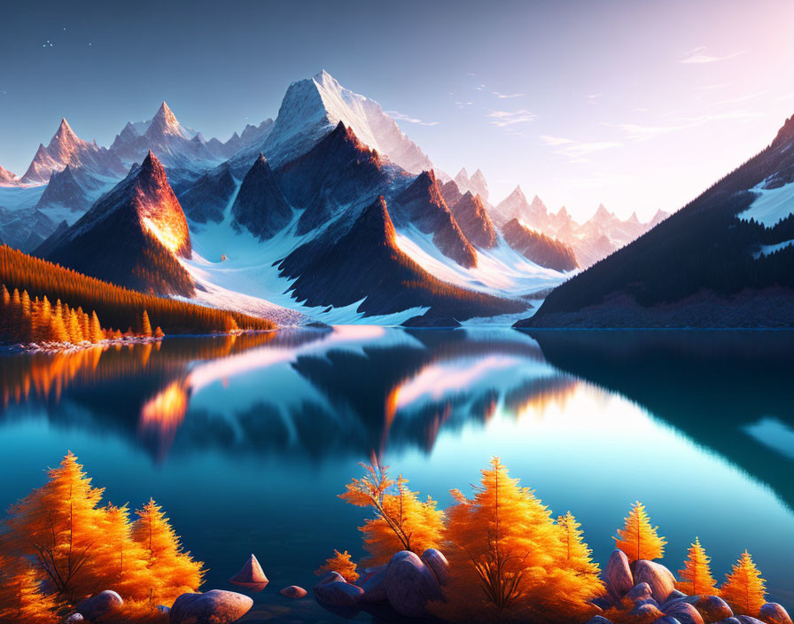 Mountain Range Reflected in Blue Lake Amid Autumn Trees at Sunrise