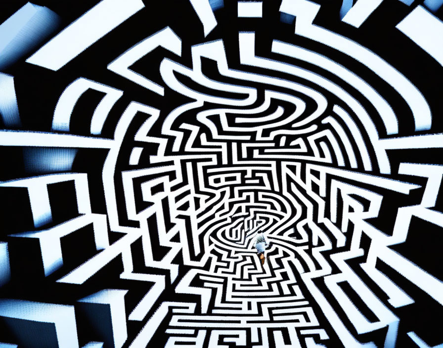 Intricate Black and White Maze Pattern with Central Figure