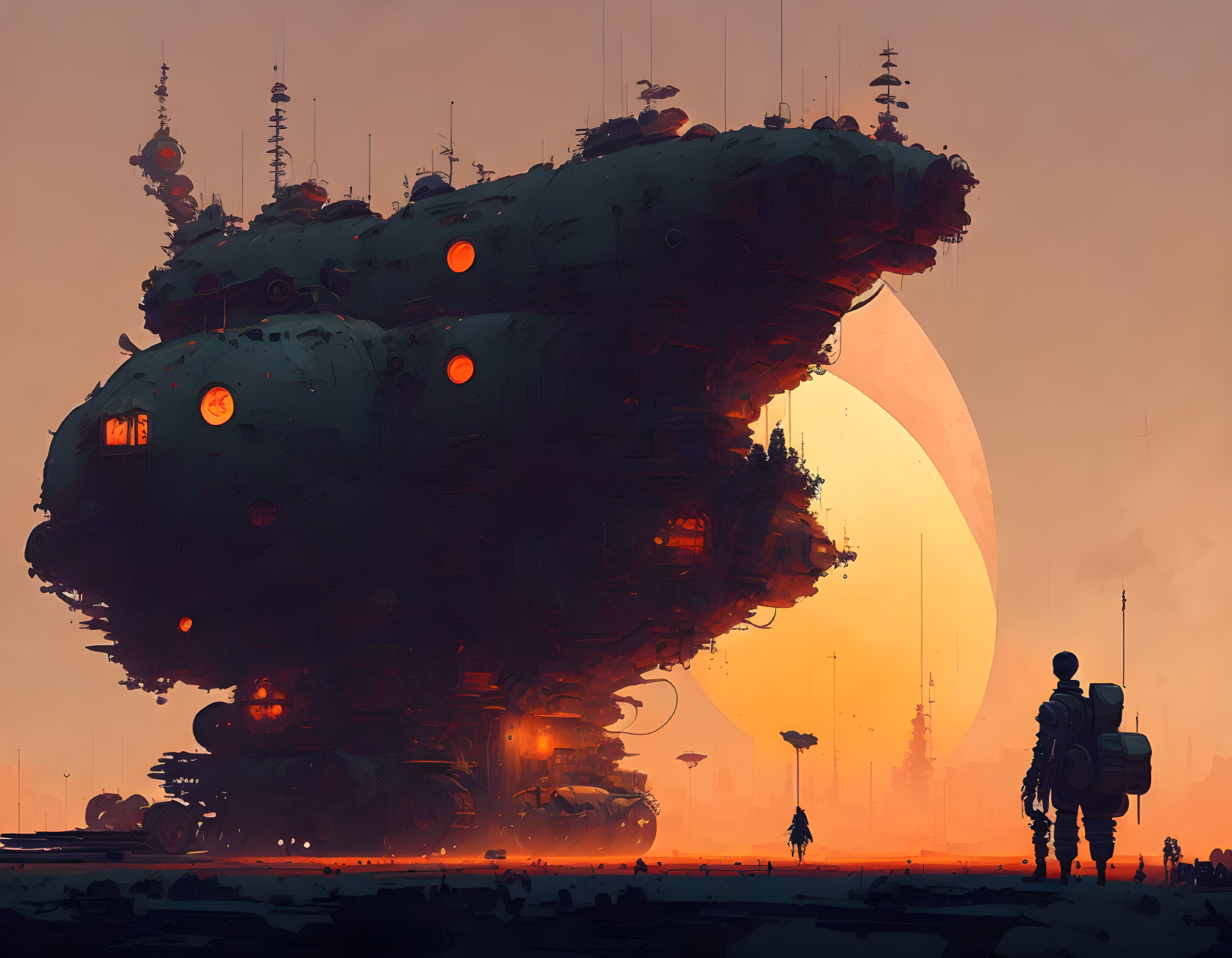 Person with backpack in front of futuristic airship under warm sunset sky.