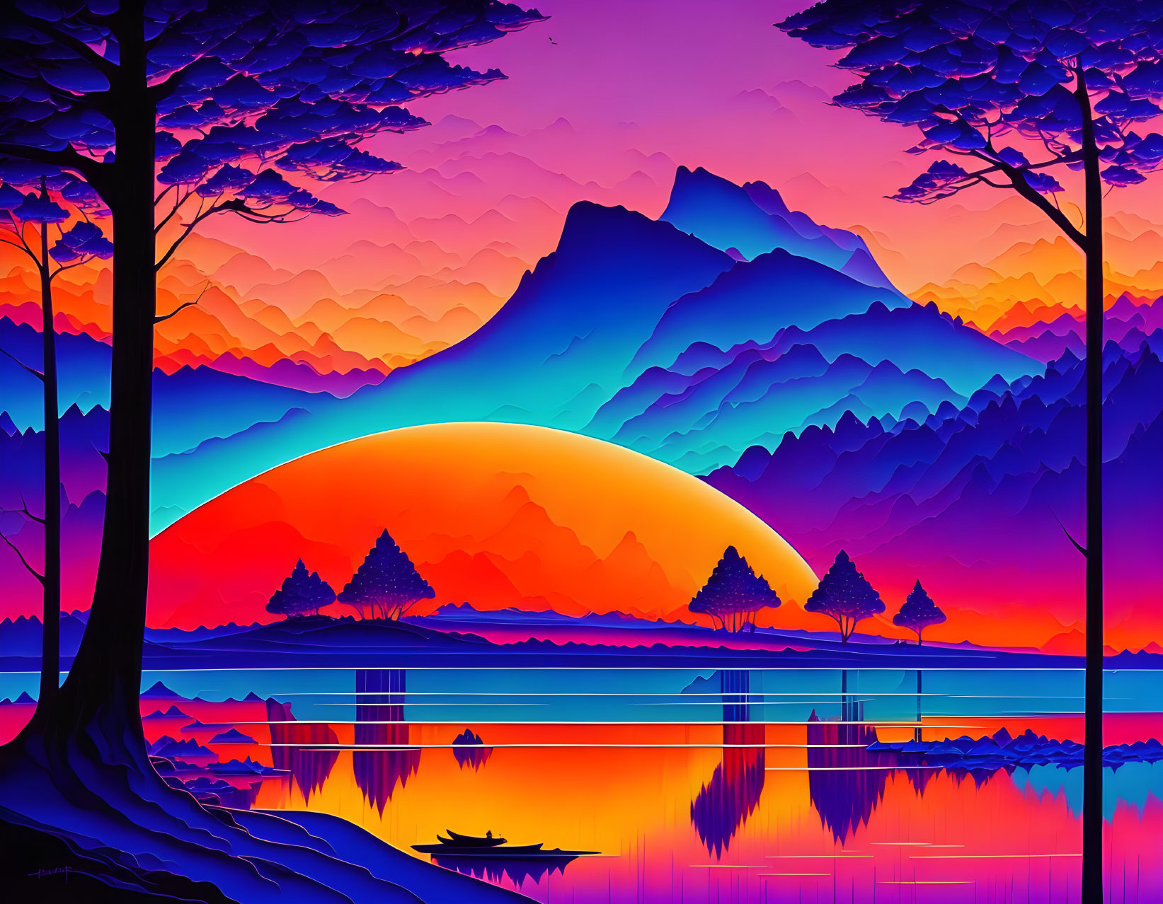 Stylized sunset digital artwork with trees, mountains, and water reflection