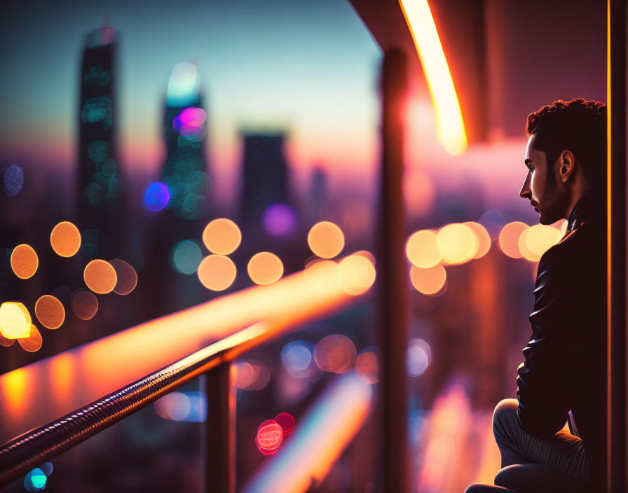 Profile of man gazing at cityscape at dusk with bokeh lights.