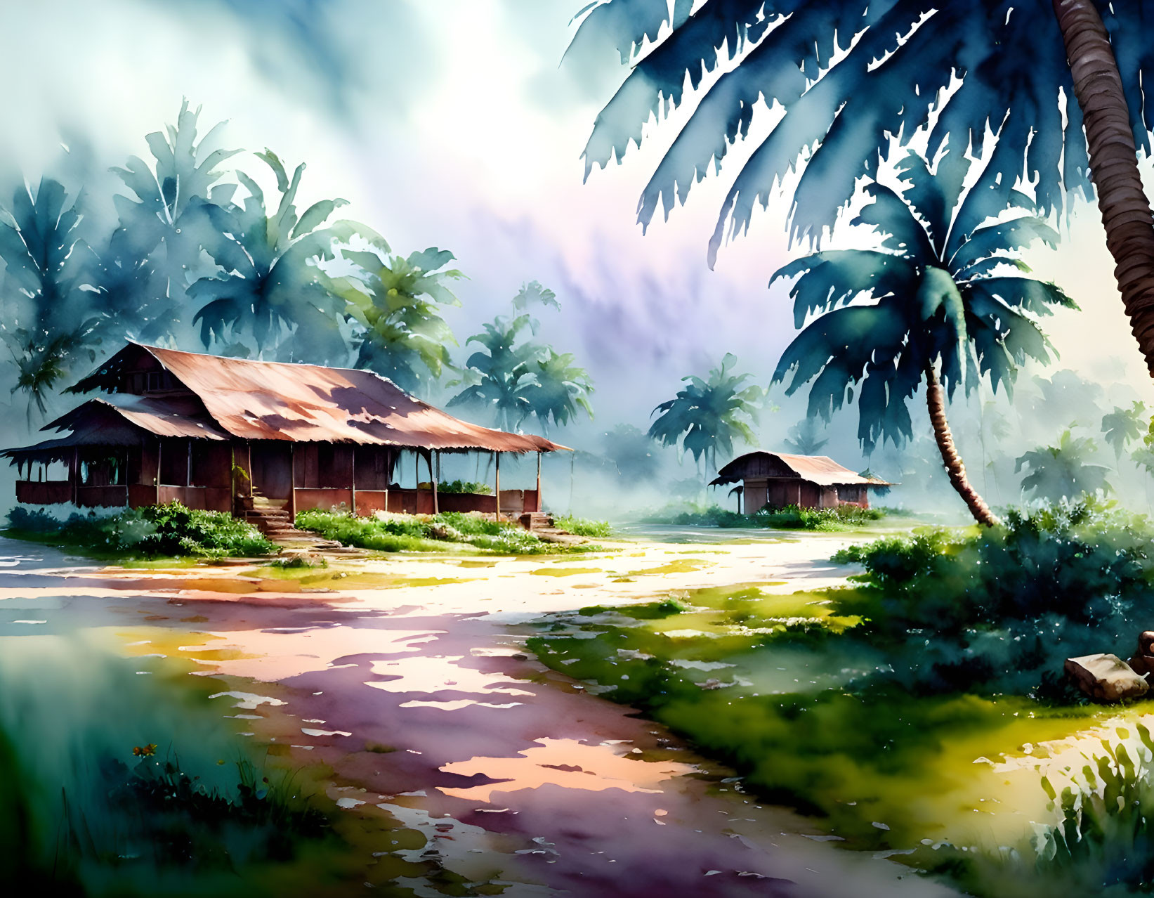 Tranquil watercolor painting of rural scene with wooden houses and palm trees