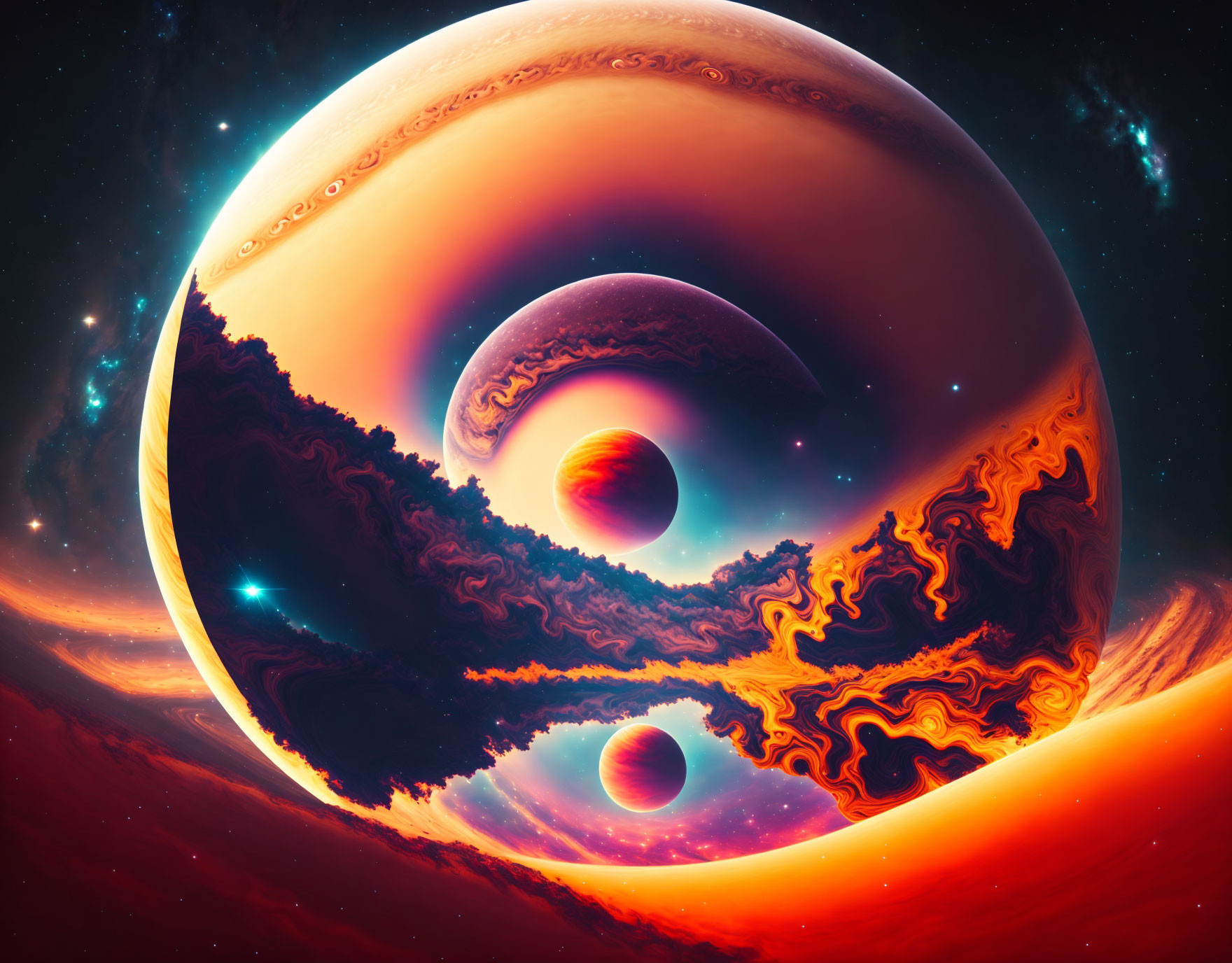 Vibrant sci-fi space scene with fiery planets and colossal gas giant