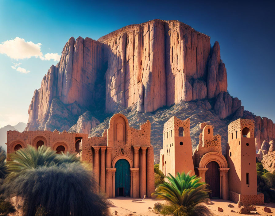 Rocky Plateau Over Ancient Desert City with Clay Buildings