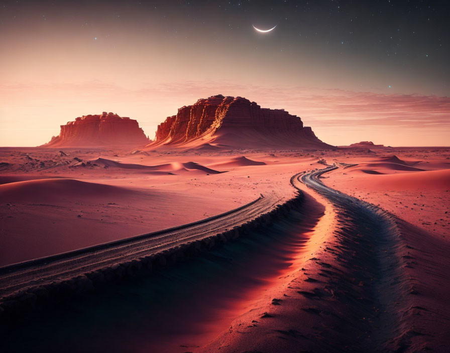 Desert landscape at twilight with crescent moon, sand dunes, tire tracks, and rock formations