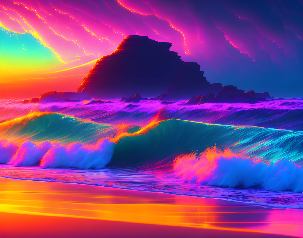 Colorful surreal landscape with neon-lit waves and dynamic sky