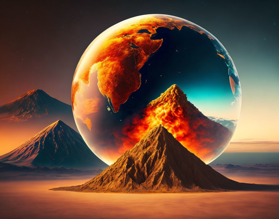 Surreal landscape featuring giant Earth, fiery volcanoes, orange sky