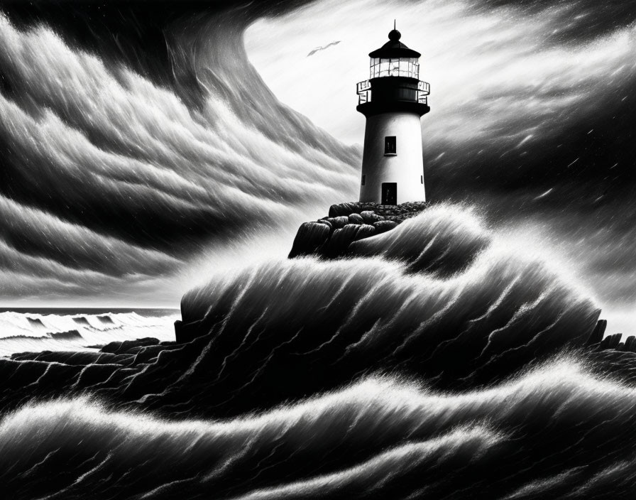 Monochrome lighthouse artwork on rugged cliffs with swirling skies and rough sea waves