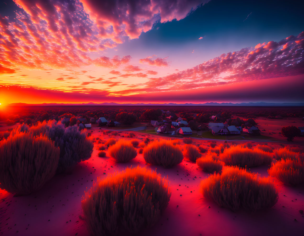 Crimson sunset over rural landscape with village and bushes