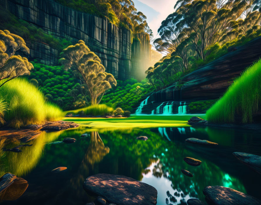 Tranquil forest waterfall scene with reflective pond and lush greenery