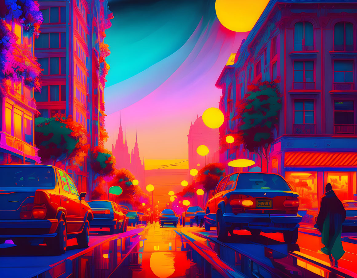 Colorful City Twilight Scene with Silhouettes of People and Urban Architecture