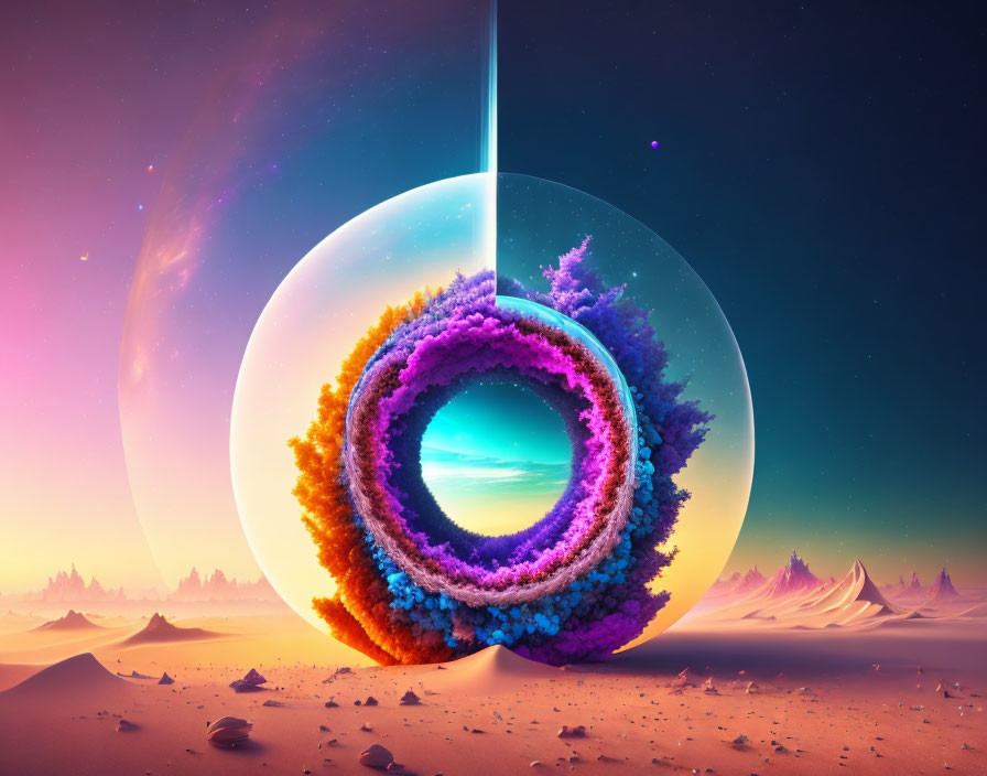 Colorful surreal landscape with torus-like structure and serene planets in pink sky