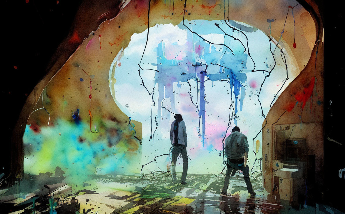 Silhouetted figures in front of vibrant watercolor portal in abandoned setting