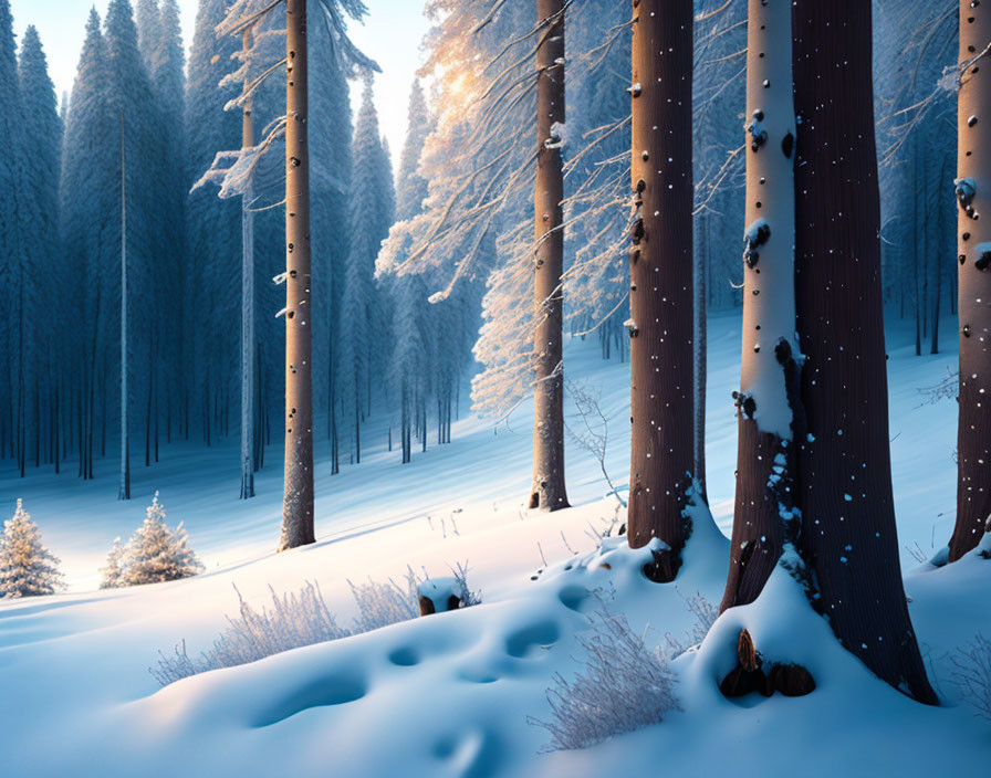 Winter pine forest with snow-covered floor & sunlight filtering through branches