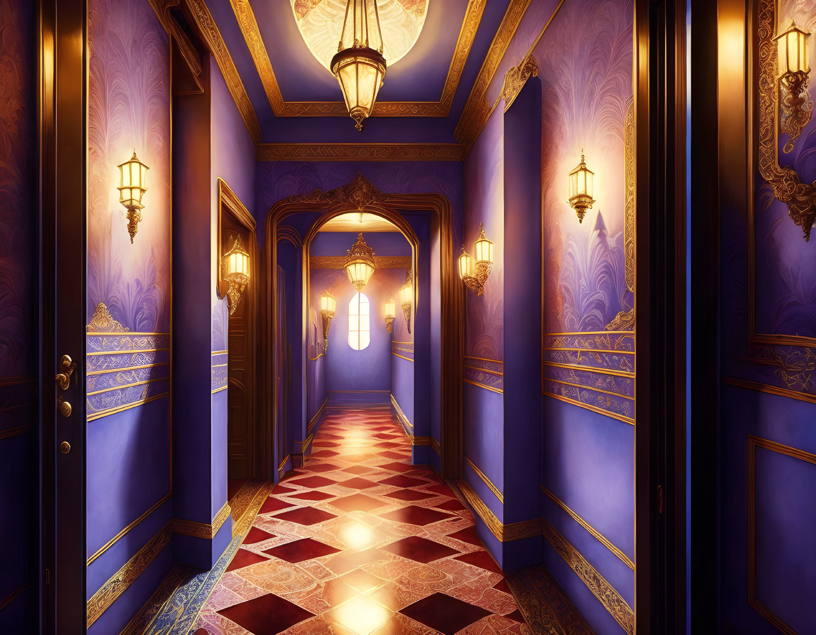 Luxurious Purple and Gold Hallway with Ornate Decor and Geometric Floor