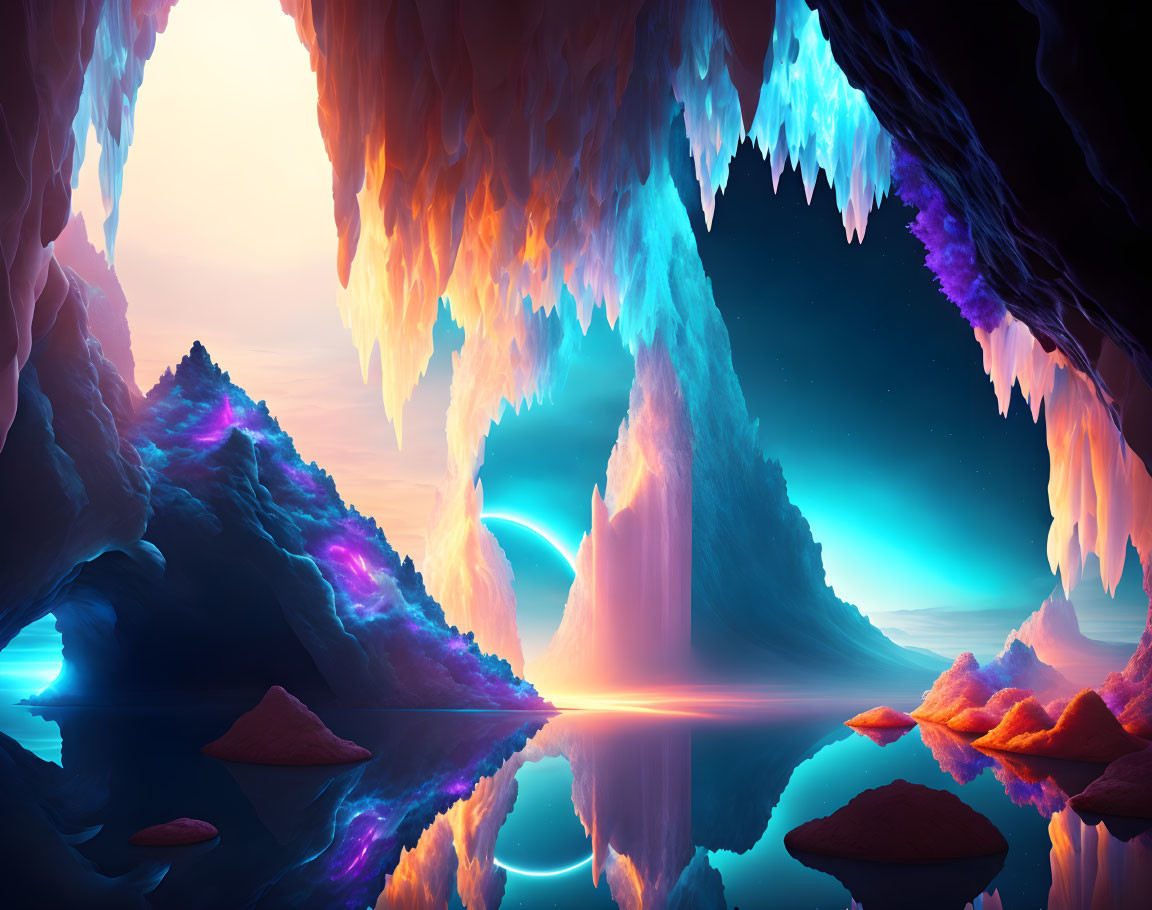 Fantasy cave digital art: colorful stalactites, serene lake, luminous mountains.