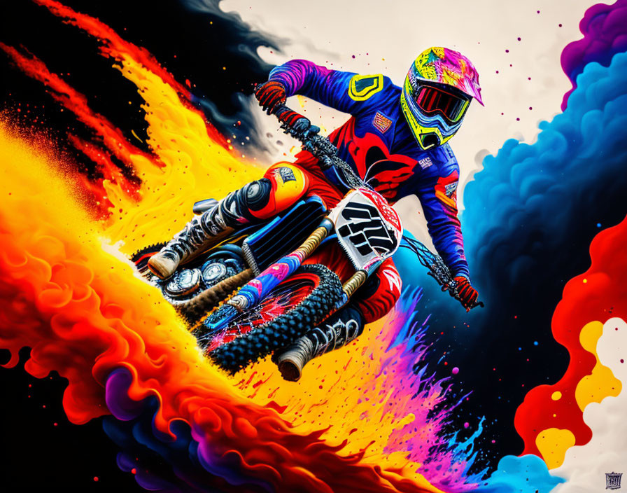 Colorful Stylized Motocross Rider Artwork with Smoke Effects