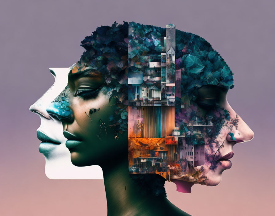 Digital artwork: Merged face profiles with floral & urban elements