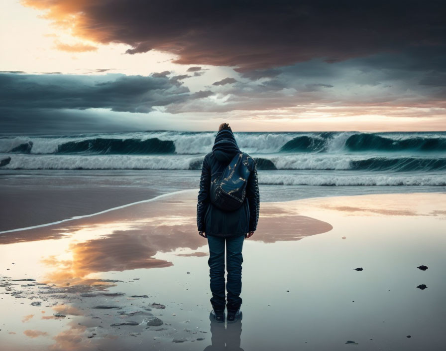 Person in jacket and jeans on beach at sunset with dramatic cloudy sky