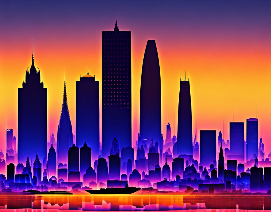 Colorful City Skyline Silhouette Against Gradient Sunset