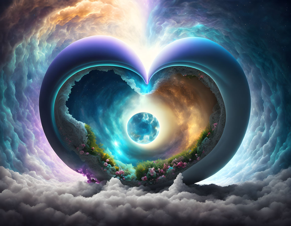 Heart-shaped portal showcasing vibrant surreal landscape