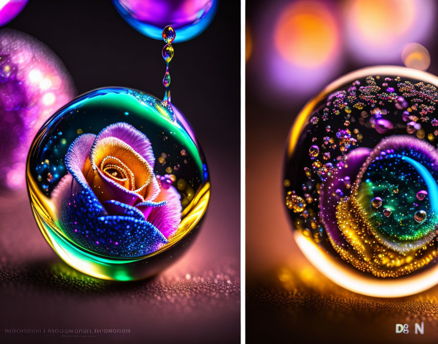 Close-up photos of vibrant, colorful soap bubbles reflecting light intricately.