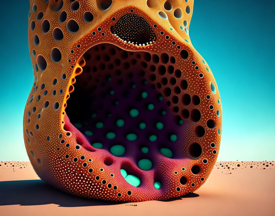 Abstract porous sculpture on sandy surface with colorful holes against blue background