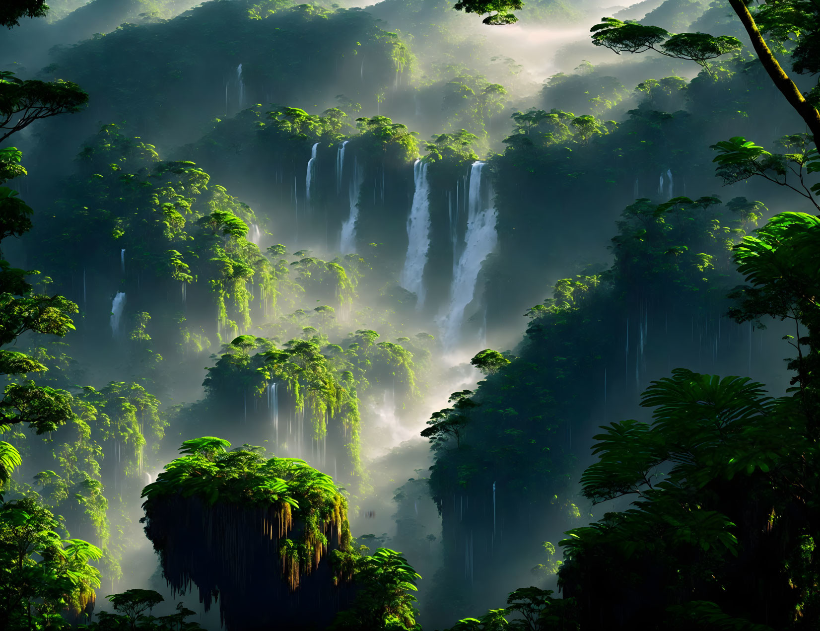 Lush tropical rainforest with cascading waterfalls