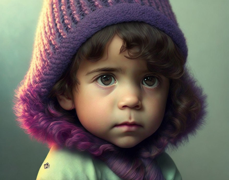 Young child in purple knitted hat with fur trim and soulful eyes.