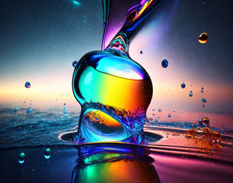 Colorful liquid splashing from bottle into water at twilight