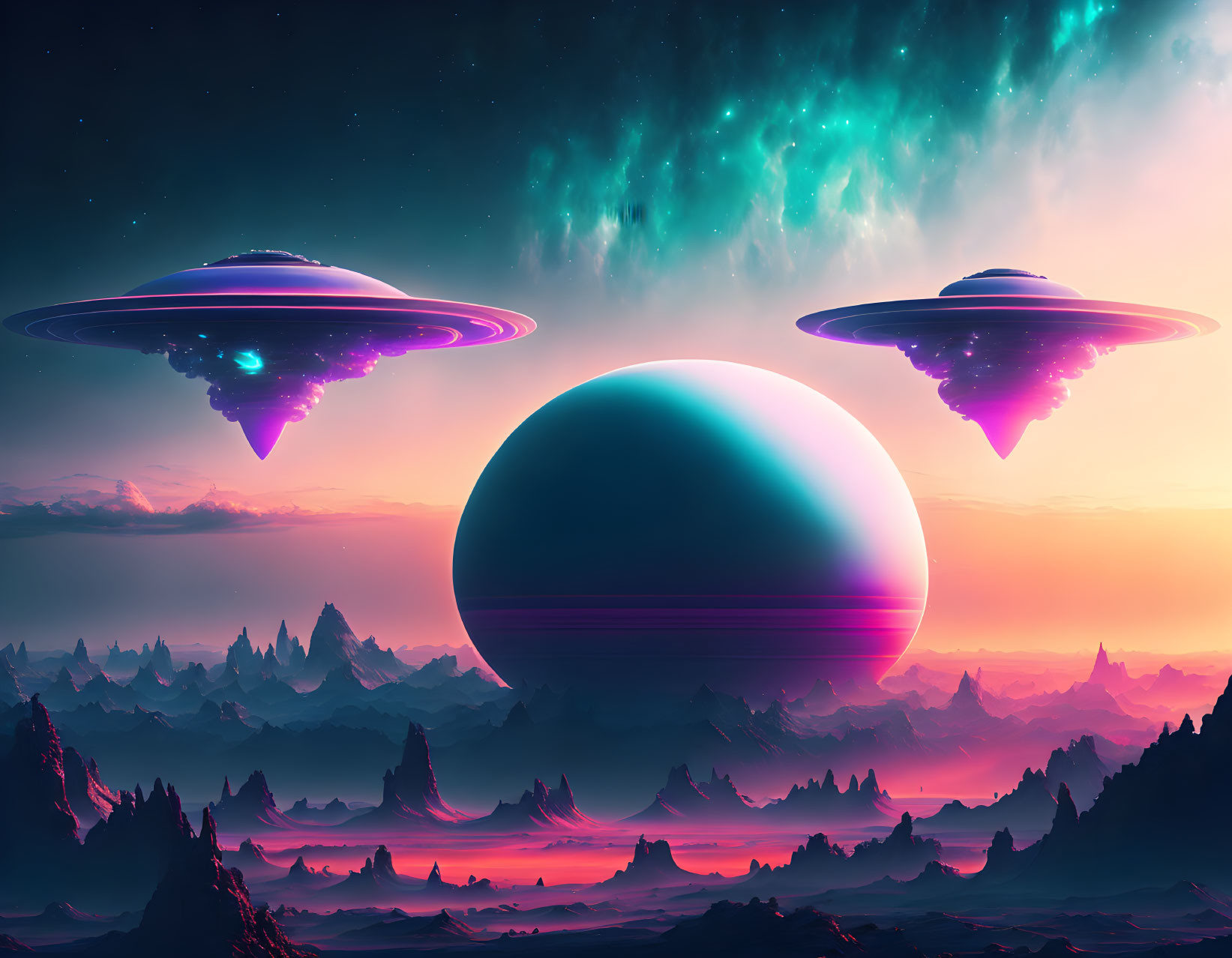 Sci-fi landscape with three UFOs, giant planet, neon sky, rocky terrain