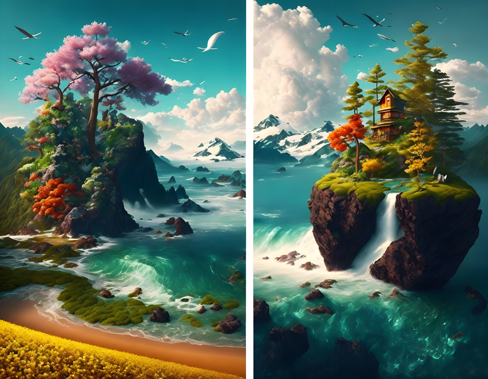 Split-view image of spring and autumn seasons on floating islands with central tree, surreal coastal landscape