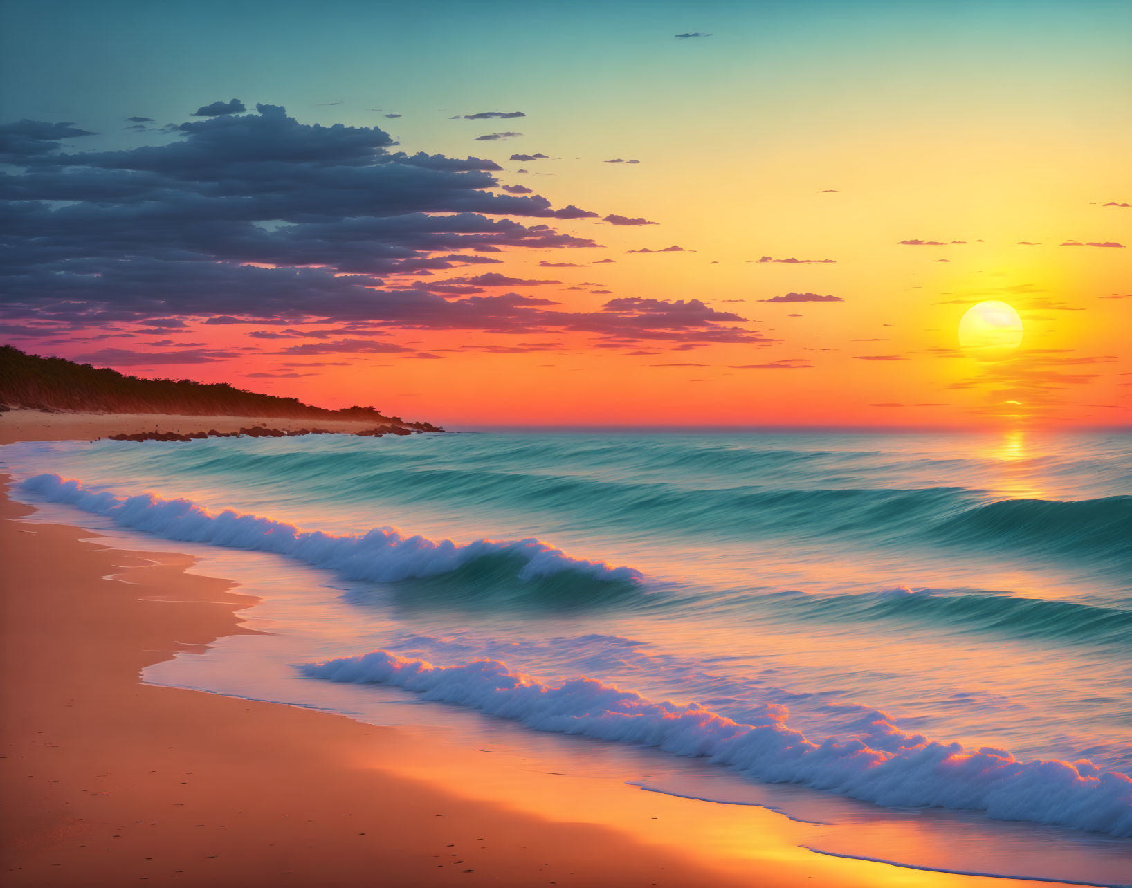 Tranquil beach sunset with gentle waves and colorful sky