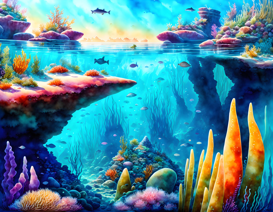 Colorful Coral Reefs and Diverse Sea Life in Clear Blue Ocean