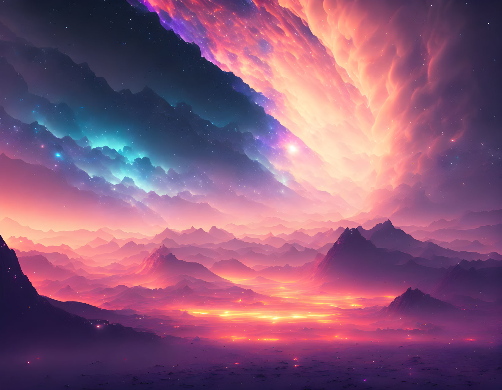 Vibrant digital artwork: Mountain landscape, cosmic sky, purple and orange hues, serene water.