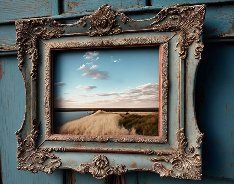 Vintage Picture Frame with Beach Landscape on Blue Wall