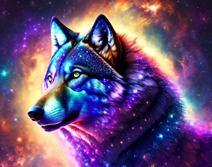 Colorful Wolf Artwork Against Starry Cosmos Background