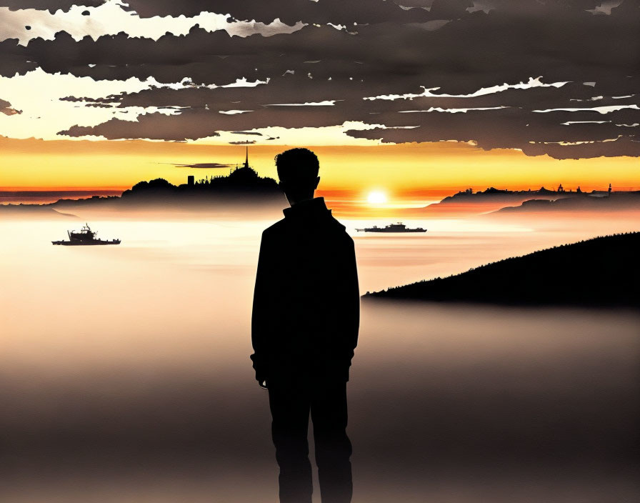 Person Silhouetted Against Sunset Sky with Ships and Cityscape