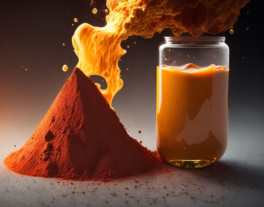 Artistic representation of spilling lava-like liquid on red powder mound