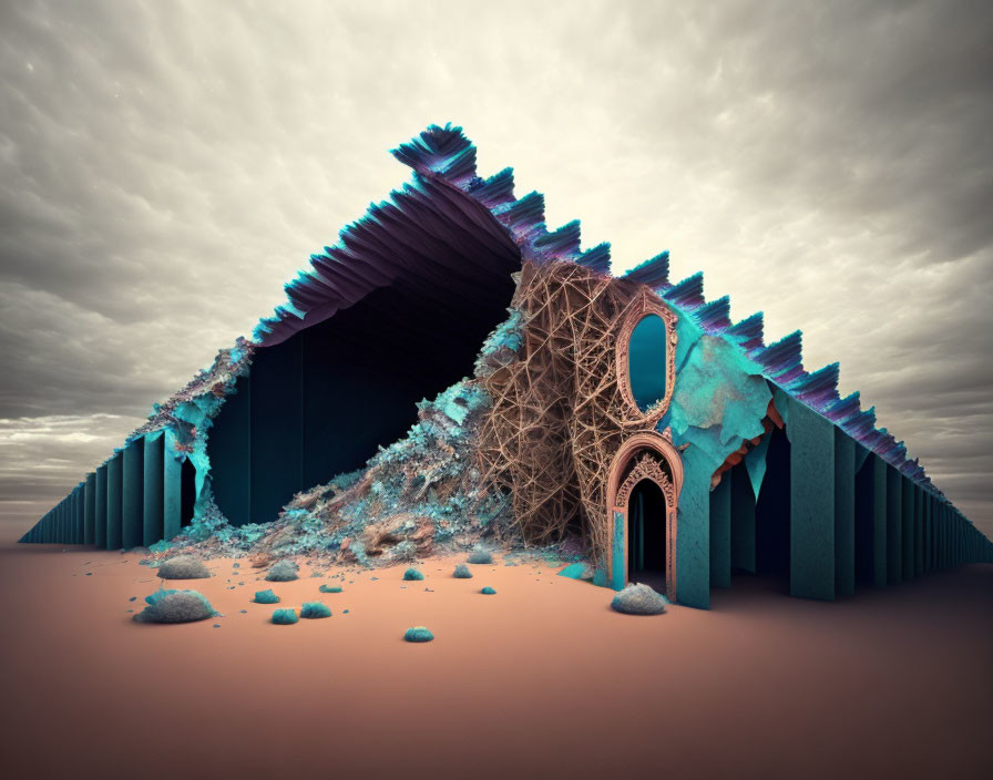 Surreal desert scene with building shaped like blue pencils