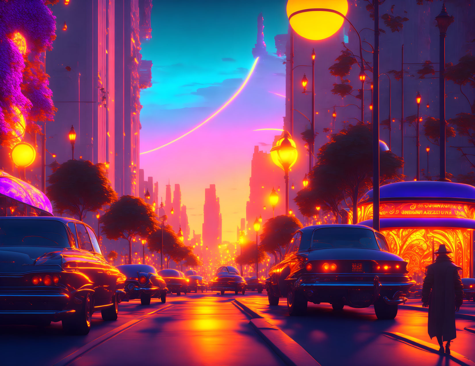 Cityscape at Dusk: Neon Lights, Vintage Cars, and Lone Figure