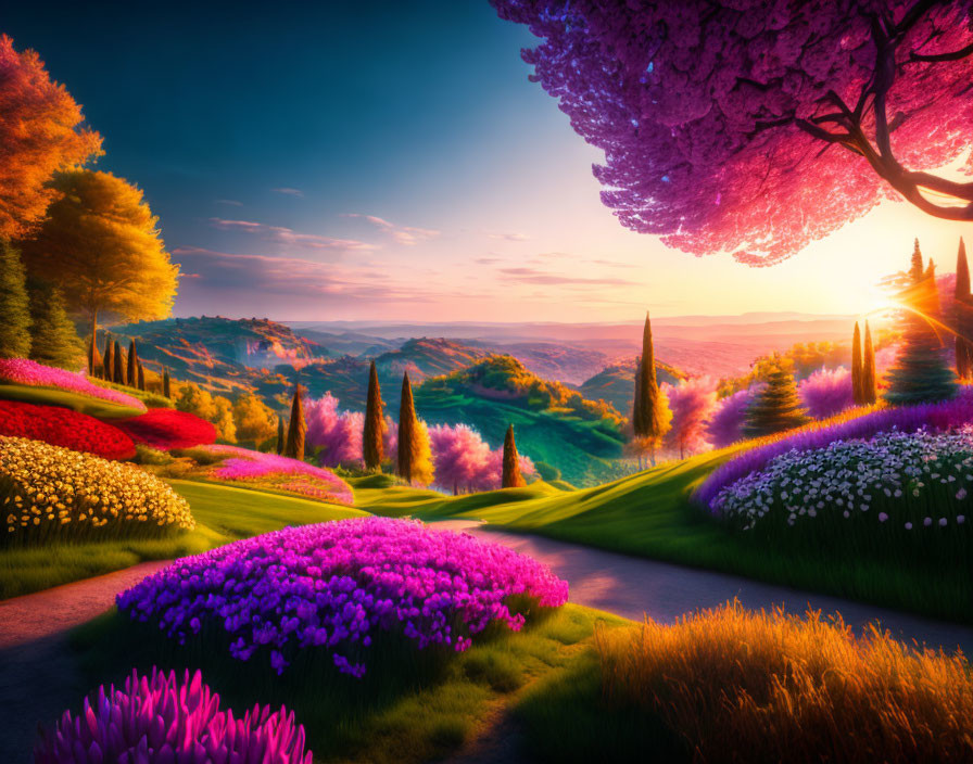 Colorful Flowerbeds and Sunset in Vibrant Landscape