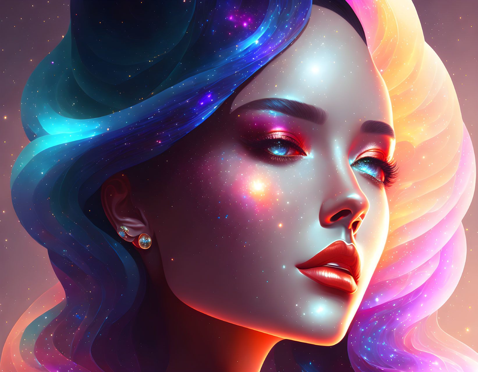 Vibrant cosmic-themed woman portrait with galaxy colors and starry background