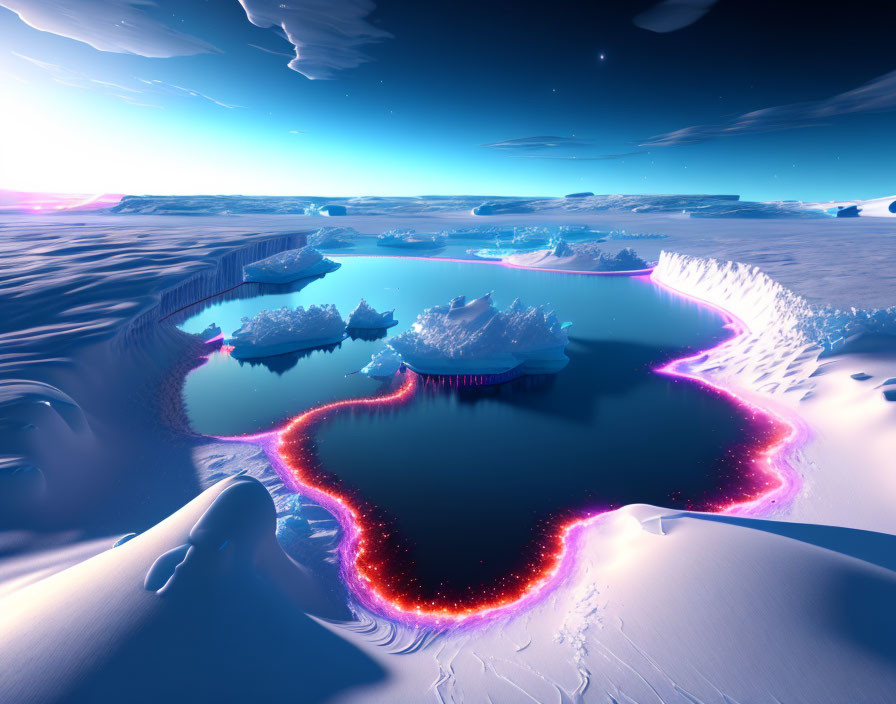 Surreal icy landscape with pink glowing edges, floating icebergs, blue sky.