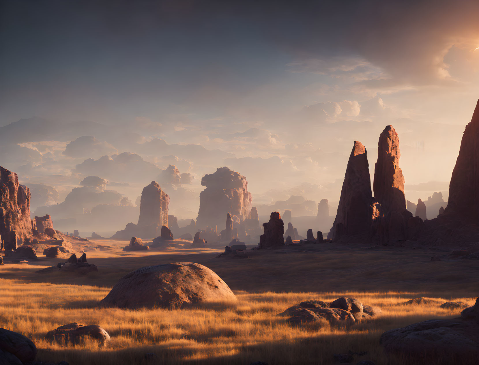 Tranquil sunset desert scene with tall rock formations and golden grasses