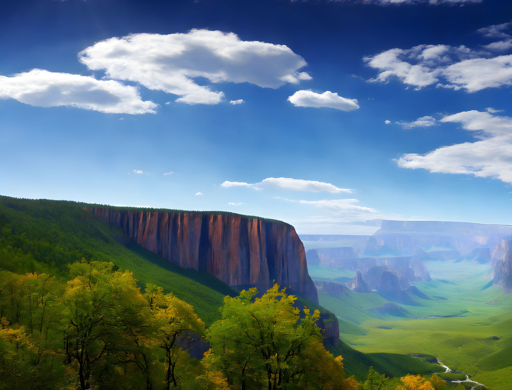 Majestic canyon with towering cliffs and lush valley under blue sky